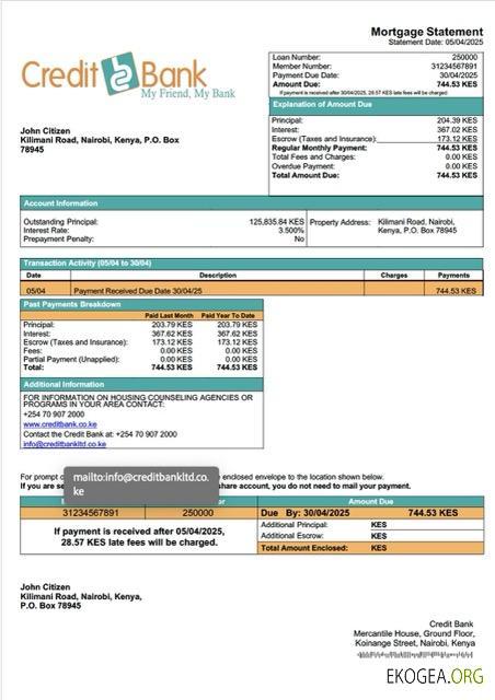 Modèle Word et PDF de relevé hypothécaire de la Kenya Credit Bank